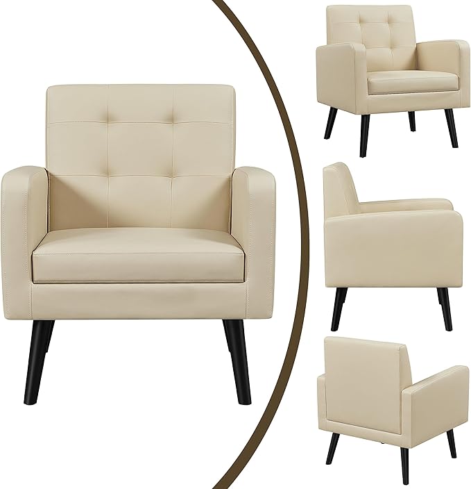 Yaheetech Mid-Century Accent Chairs, PU Leather Modern Upholstered Living Room Chair, Cozy Armchair Button Tufted Back and Wood Legs for Bedroom/Office/Cafe Beige 2PCS
