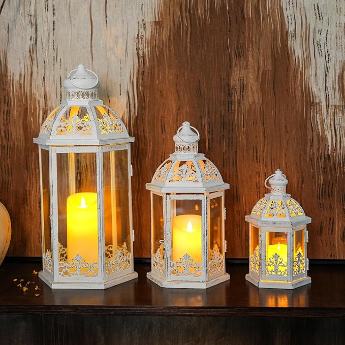 TRIROCKS Large Set of 3 Decorative Lanterns 19''&13.5''&9.5" H Vintage Hanging Lantern Metal Candleholder with Tempered Glass for Indoor Outdoor Home Decor Parties Garden(White with Grey Brush)