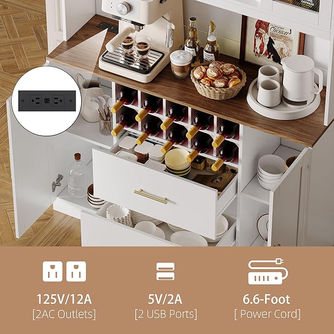 71” Kitchen Pantry Storage Cabinet with Microwave Stand, Freestanding Kitchen Hutch Cabinet with 10 Wine Racks, 5 Cabinets & 2 Drawers, 6 Doors Modern Food Pantry Coffee Bar Hutch White