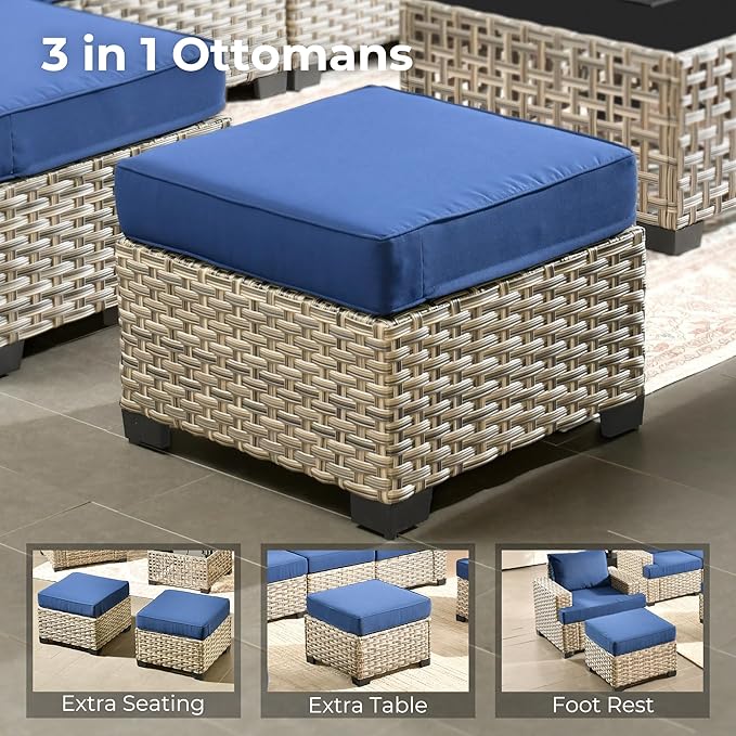 HOOOWOOO Outdoor Sectional Patio Furniture Set,7 Pieces Wicker Conversation Sets,Extra Deep Out Door Sofa Outside Furniture Couch with Ottoman,Navy Blue