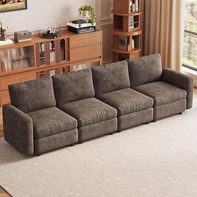 4-Seat Modular Sofa Couch with Ergonomic Cushions, Convertible Sleeper Sectional for Living Room Bedroom Apartment, Brown Cloud Futon Lounge Furniture Set for Small Spaces