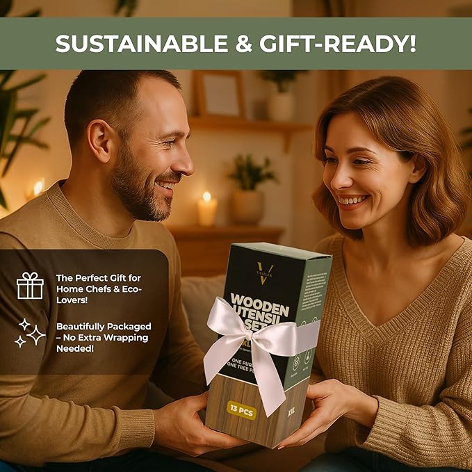 XXL Wooden Utensil Set – 13 Piece Acacia Wood Cooking Tools with Square Holder for Nonstick Cookware with Holder & Spoon Rest – Wooden Spoons for Cooking, Spatula, Spurtle