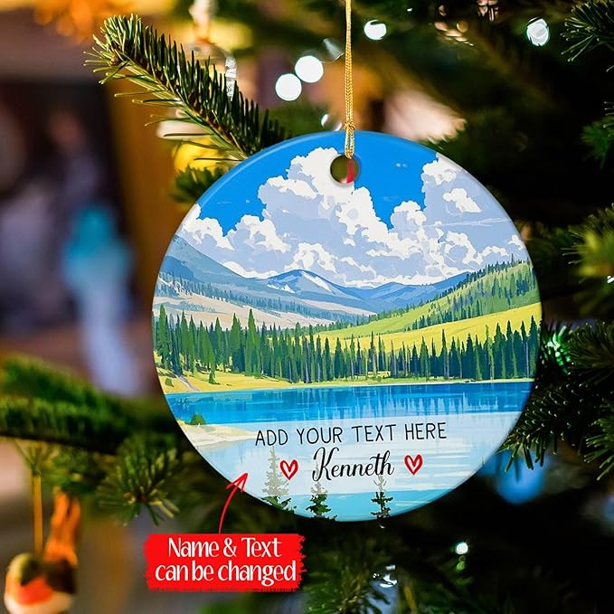 Yellowstone National Park Ornament Christmas 2025, Personalized Text/Name Yellowstone Landscape Ceramic Keepsake Ornament Gift for Outdoor Adventure Lovers, Custom USA Landscape Xmas Tree Decorations
