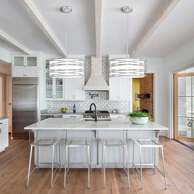 16 inch Modern Drum Pendant Light 3-Lights Brushed Nickel Chandelier Dining Room Light Fixture, Adjustable Ceiling Pendant Kitchen Light Fixture Over Table for Living Room Bedroom