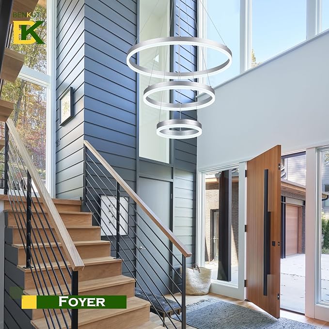 3-Rings D23.6 Modern LED Chandelier Silver Dimmable Pendant Lighting with Remote Control Circular Flush Mount High Ceiling Light for Dining Room Living Room Bedroom Entrance Foyer, 3000K-6500K