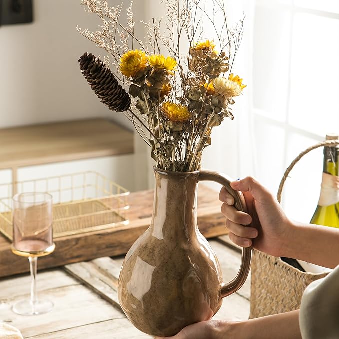 Brown Ceramic Vase with Big Handles, Modern Farmhouse Decor, Rustic Pottery for Flowers, Decorative Terracotta Centerpiece for Dining Table