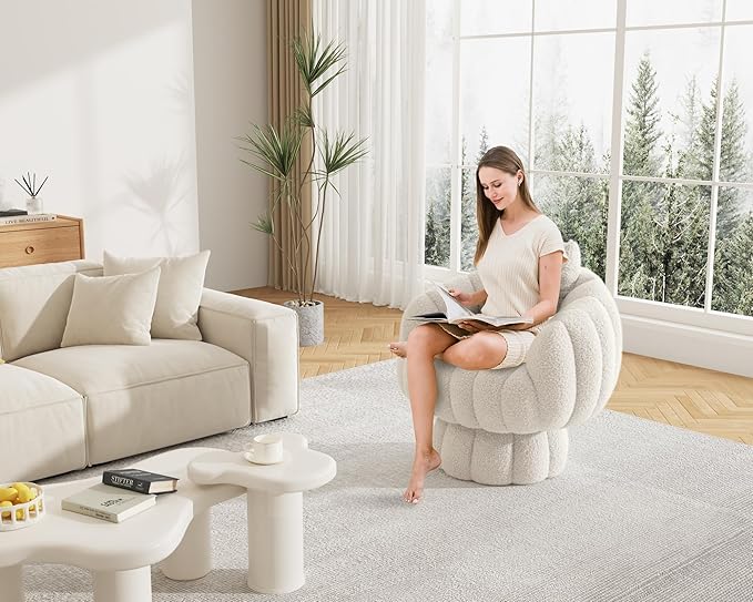 Mid Century Modern 360 Degree Barrel Swivel Accent Sofa Chair,Fluffy Sherpa Fabric Lounge Wide Upholstered Pumpkin Reading Chair, Round Cloud Armchair for Living Room,Bedroom,Vanity(Beige)