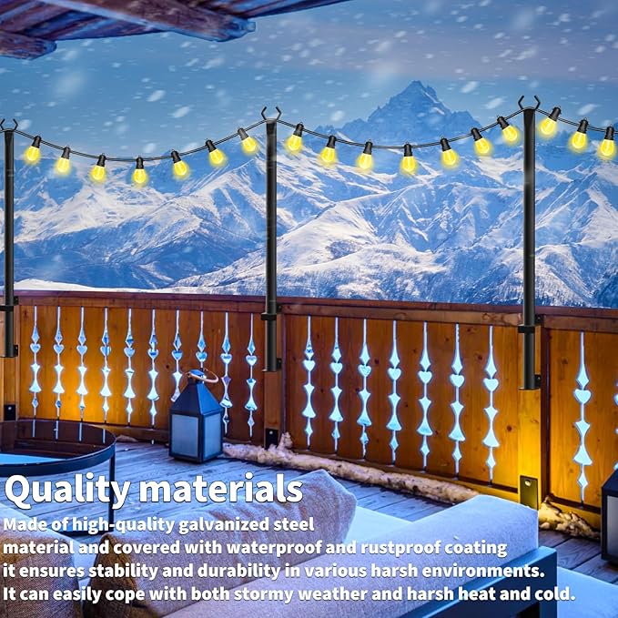 5Ft String Light Poles 4 Pack,Light Poles for Outside Lights,Outdoor with Fence Brackets Hanging Lights,Metal Stand Deck Patio Backyard