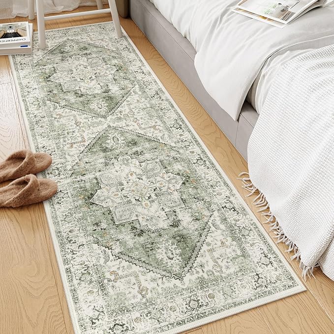 LIVEBOX Washable Runner 2x6 - Vintage Tribal Kitchen Rug, Long Entryway, Low-Pile for Bedroom, Non-Skid Soft Carpet Throw for Bathroom Laundry Room Hallway Sage