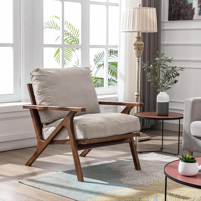 Wahson Set of 2 Mid Century Chair, Upholstered Accent Armchairs, with Wood Frame and Canvas Cushions, Leisure Slipper Chair for Living Room/Bedroom, Beige