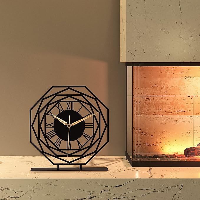 8.9x9.5 Metal Desk Clock, Black Round Silent Non-Ticking Analog Table Clock, Battery Operated, Decorative Desk and Shelf Clock, Desk Clocks for Living Room Bedroom Kitchen Office School