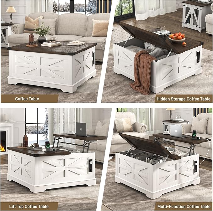 36" Farmhouse Movable Lift Top Coffee Table with Storage and Power Outlets, Square Wood Living Room Tables with Wheels&Large Hidden Space, Lift Wooden Barn Door Center Table, White