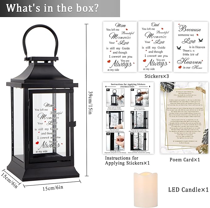 Memorial Lantern Bereavement Gifts in Memory of Loved One Memorial Gifts for Loss of Mother/Father/Loved One Remembrance Sympathy Gifts with Timer LED Candle and Tribute Stickers(with Postcard)