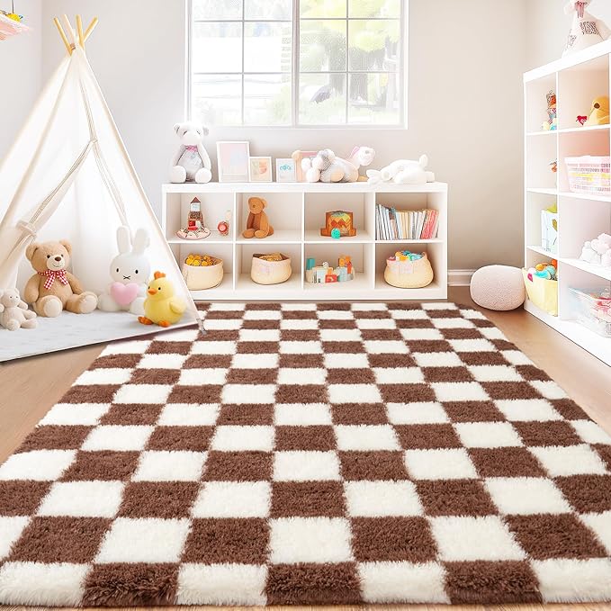 Checkered Rug for Living Room 8x10, Ultra Fluffy Fuzzy Shag Large Area Rug for Bedroom, Modern Plush Soft Upgrade Non-Slip Carpet for Kids Girls and Boys Room Dorm Home Decor, Cream and Coffee