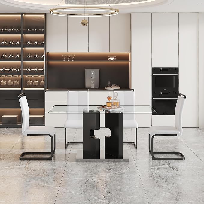 Glass Dining Table Set of 4, 63" Dinner Room Glass Table Set for 4, Modern Kitchen Dinner Table Set with 4 Upholstered Faux Leather Dining Chairs for Living Dining Office Room