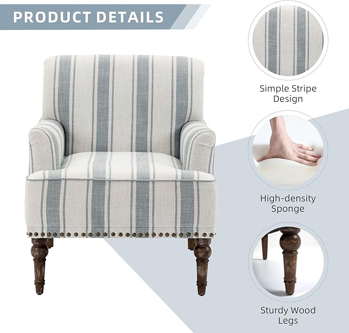 Lumibee Modern Accent Chair with Arms,Mid Century Stripe Armchair for Living Room,Comfy Linen Fabric Single Sofa for Apartment Bedroom,Comfortable Cushioned Seat for Reading Home Office-Blue Stripe