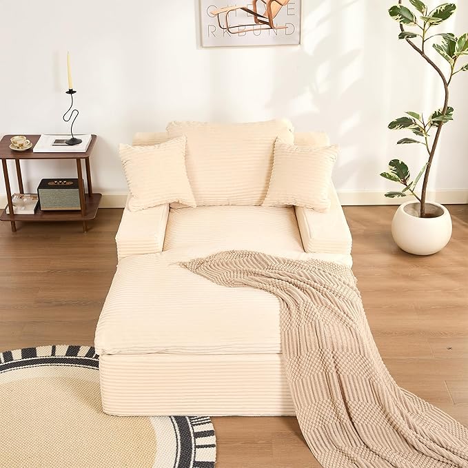 63" Oversized Chaise Lounge Chair Indoor, Extra Cloud Layer, Convertible Sleeper Sofa Couch with Removable Pillows & Side Pockets, Corduroy Upholstered Sofa Bed with Armrests for Living Room, Beige