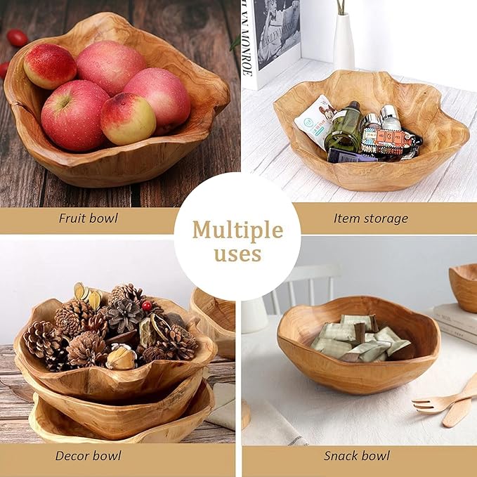 Wooden Bowl Decorative Natural Wood Fruit Bowls, Irregular Creative Wood Bowl, Rustic Hand Carved Candy Snack Keys Serving Bowls for Home Decor (12"-14" Diameter)