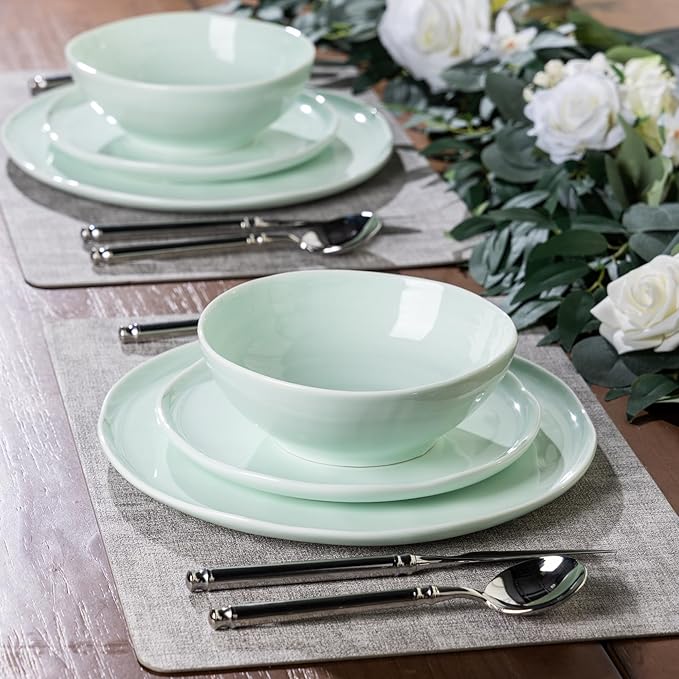 LERATIO Ceramic Dinnerware Sets for 4,Porcelain Plates and Bowls Sets with Wavy Edge,Microwave & Dishwasher & Oven Safe,Light Weight & Scratch Resistant Dishes Sets-Service for 4 (12pcs)-Light Green