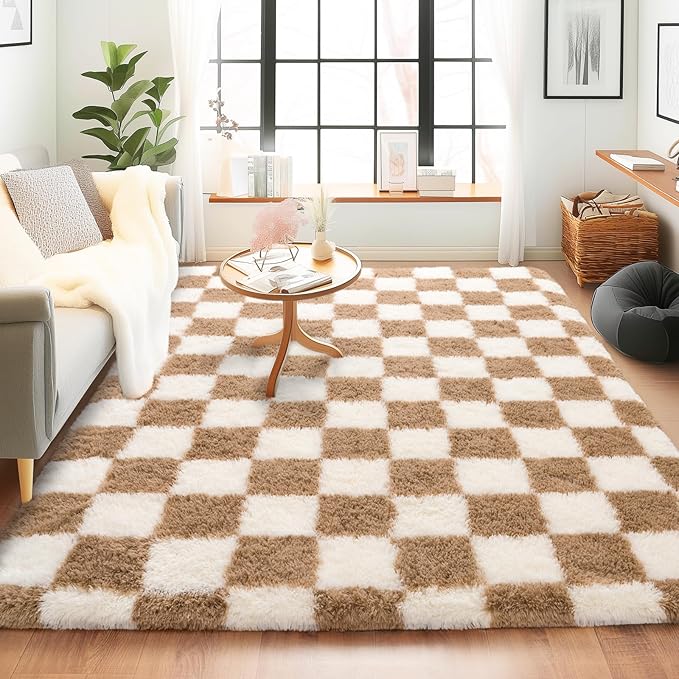 Checkered Rugs for Bedroom, 4x6 Ultra Fluffy Fuzzy Shag Area Rug for Living Room, Modern Plush Soft Upgrade Non-Slip Carpet for Kids Girls and Boys Room Dorm Nursery Home Decor, Cream and Camel