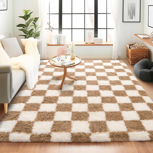 Checkered Rugs for Bedroom, Ultra Fluffy Fuzzy Shag Area Rug for Living Room 5x7, Modern Plush Soft Upgrade Non-Slip Carpet for Kids Girls and Boys Room Dorm Nursery Home Decor, Cream and Camel