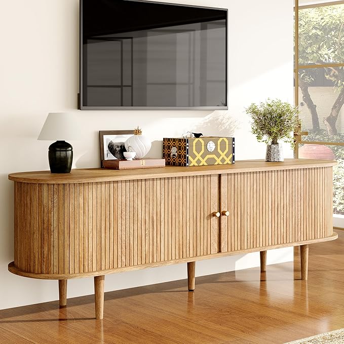 3-Piece Mid Century Modern Living Room Table Set, 70" TV Stand with Tambour Door, Nesting Round Coffee Table Set of 2, Wood Slats Entertainment Center with Storage, Natural Oak