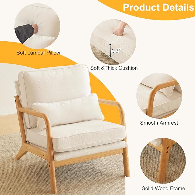Karl home Accent Chair Mid-Century Modern Chair with Pillow Upholstered Lounge Arm Chair with Solid Wood Frame & Soft Cushion for Living Room, Bedroom, Balcony, Linen White (Low Back)