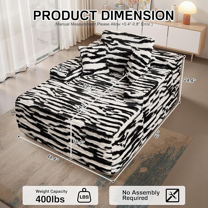 Chaise Lounge Chair Indoor, 67" Oversized Comfy Faux Fur Sleeper Sofa Bed, Boneless Upholstered Recliner Bed with Pillows and Wide Armrests, Modern Cloud Couch for Living Room, Zebra Stripe