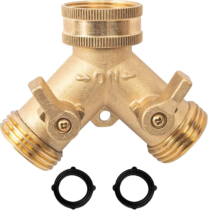 Xiny Tool Brass Garden Hose Splitter (2 Way), Solid Brass Hose Y Splitter 2 Valves with 2 Extra Rubber Washers (4)