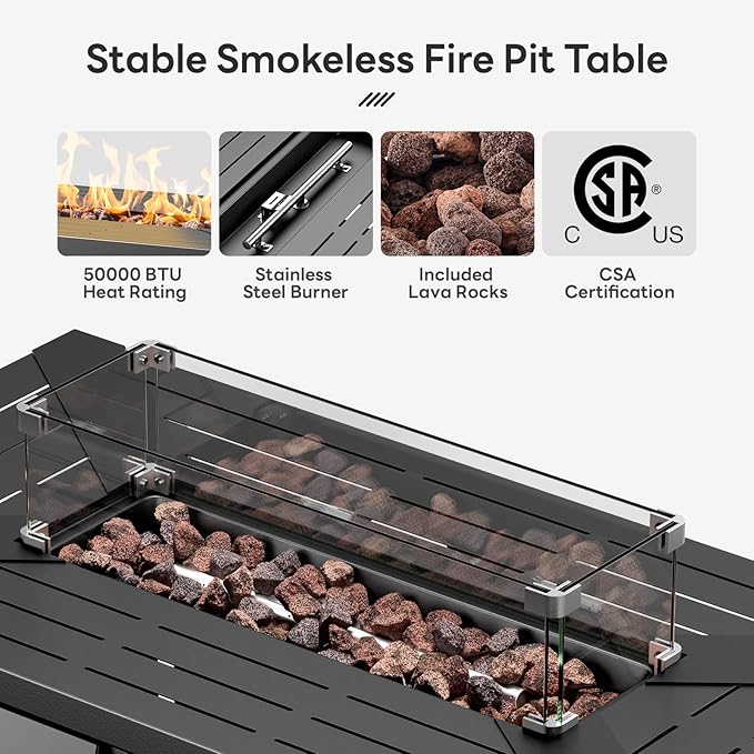 Luxury High Back Outdoor Furniture with 6-inch Extra Thick Cushions, Patio Furniture Set with Fire Pit Table & Swivel Chairs, 7 PCS Wicker Conversation Set for Yard, Deck, Poolside, Brown/Blue