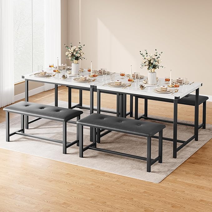 GarveeHome Dining Table Set for 4, Kitchen Table with 2 Upholstered Benches, Wood Kitchen Dining Room Set, for Small Space, Apartment, Home, Dinner, Marble White