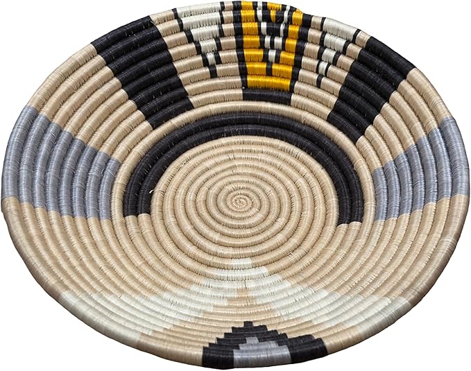 Handwoven African Basket Handmade sisal Fruit Bowl Wall Hanging decorative Baskets for Home Living Room Kitchen Centerpiece Zen Designs Arts and Crafts (Grey Beige Black, 12in diameter)