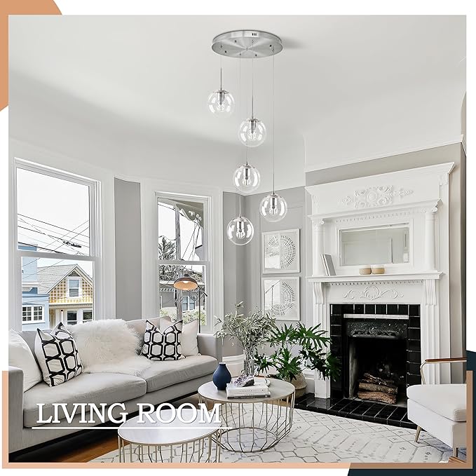 KoKo&Yukina 5-Light Globe Glass Pendant Light Adjustable Length Pendant Lights Modern Nickel Clear Globe Glass Chandelier High Ceiling Lights Fixtures for Foyer Hallway Staircase (Bulb & Remote Incl)