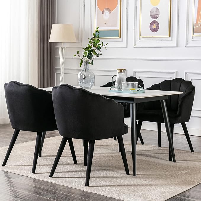 Velvet Dining Chairs Set of 4 Modern Accent Chairs Upholstery Side Chairs with Upholstered Wood Legs for Home Kitchen Living Room, Black