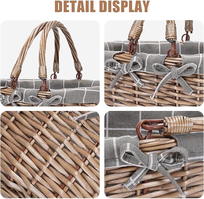 G GOOD GAIN Oval Picnic Basket with Folding Handles, Willow Hand Woven Shopping Basket, Bath Toy Kids Toy Storage Gift Packing Basket, Wicker Empty Easter Eggs and Candy Small Gift Basket.GreyCheck