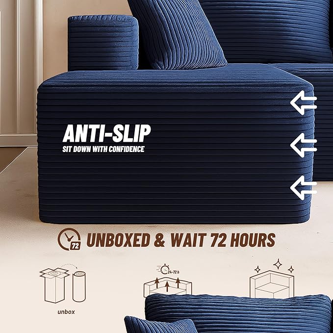 107" Boneless Couch with Deep Seat, Modular Sectional Sofa, Cloud Sectional Couch for Living Room, No Assembly Required, Corduroy, U-Shape 3 Seater Right, Blue