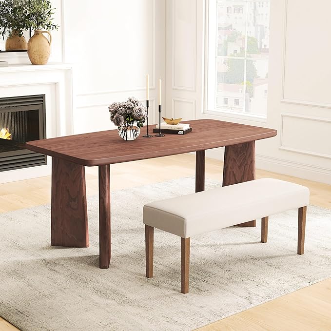 71" Long Walnut Dining Table, Farmhouse Wooden Kitchen & Dining Room Table for 4-6 Seats, Modern Rectangular Dinner Table, Home Office Desk for Kitchen Living Room Home Office, Walnut