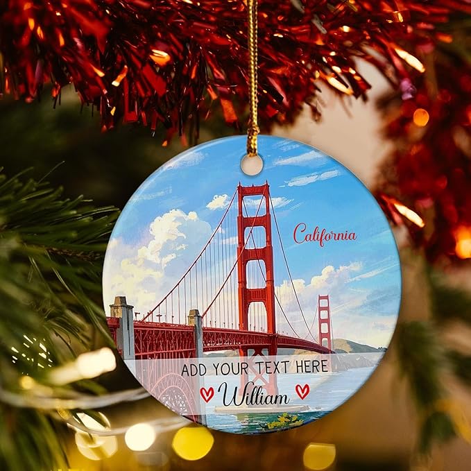 Personalized Golden Gate Bridge San Francisco Ceramic Ornament Christmas Tree 2025, USA Golden Gate Bridge Xmas Ornament Gift for Travel Lovers, Custom Text/Name California Travel Souvenir Ornaments