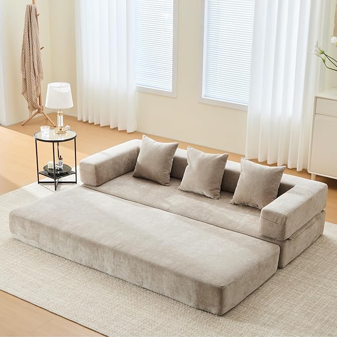Convertible Floor Sofa Bed with Storage Pocket, Chenille Folding Mattress Sofa with Zipper Closure, Floor Lounge Couch for Living Room, Bedroom, Studio-Khaki