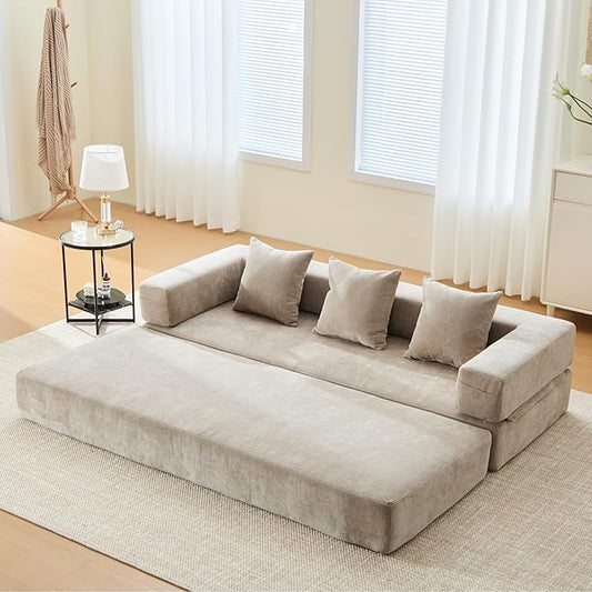 Convertible Floor Sofa Bed with Storage Pocket, Chenille Folding Mattress Sofa with Zipper Closure, Floor Lounge Couch for Living Room, Bedroom, Studio-Khaki