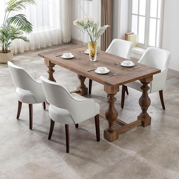 Farmhouse Dining Chairs Set of 2 PU Leather Upholstered Accent Side Chair Wood Kitchen Chairs for Living Room/Dining Room/Bedroom/Restaurant, Upgraded Size, White