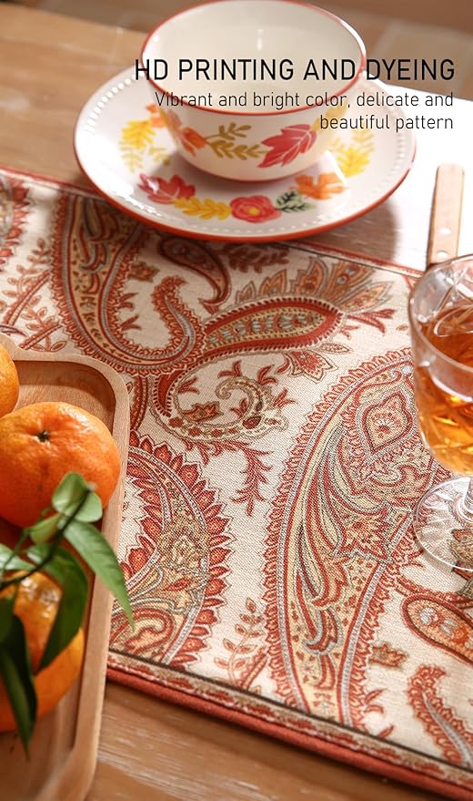 ISAENNE Designer Elegant Red Linen Table Runner 71 Inches Long,Vintage Paisley Pattern Durable Table Runners for Dining Tables,Thanksgiving,Kitchen Tables,Christmas,12"*71"-Chauffrey A