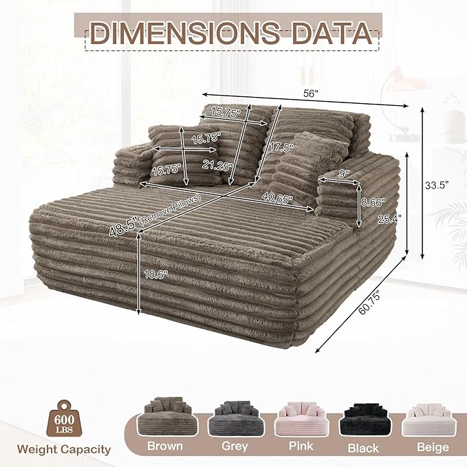 56"W Oversized Chaise Lounge Chair Indoor,Plush Faux Fur Sleeper Sofa Couch Bed with Pillows&Wide Armrest,Fluffy Comfy Cloud Sofa,Compression Foam Boneless Couch for Living Room,Bedroom(Brown)