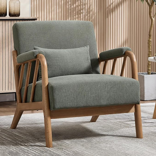 ANJ Mid Century Modern Accent Chair，Living Room Chairs with Wood Frame &Lumbar Pillow, Upholstered Reading Armchair for Bedroom