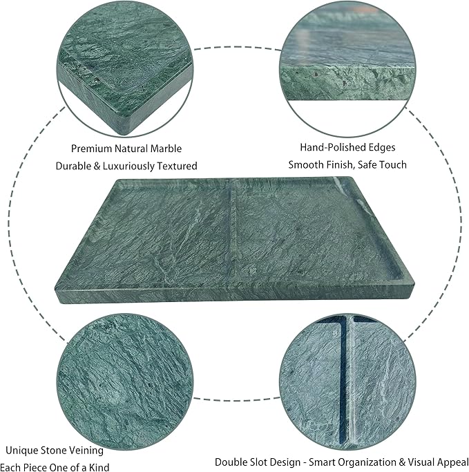 11.81"x7.87" Marble Decorative Tray with 2 Compartments – Catchall Organizer for Jewelry, Soap, Cosmetics – Polished Green Stone Vanity Tray for Bathroom, Dresser, Entryway, Office Decor