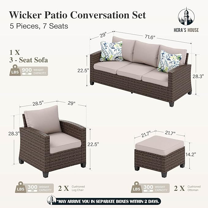 HERA'S HOUSE Patio Furniture Set, 5 Pieces Outdoor Wicker Furniture, All Weather Rattan Patio Conversation Set for Lawn Deck Backyard, Brown/Beige