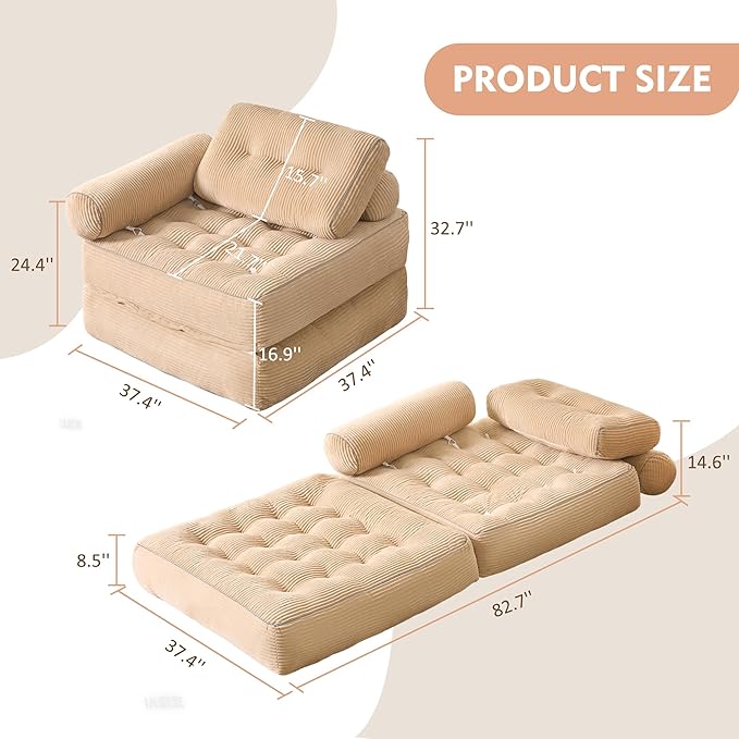 Plus Futon Sofa Bed for Small Spaces, Floor Couch with Armrest, Folding Sofa Couch, Convertible Sleeper Chair Bed with Pillow, Portable Comfy Floor Lounge for Living Room and Bedroom, Camel