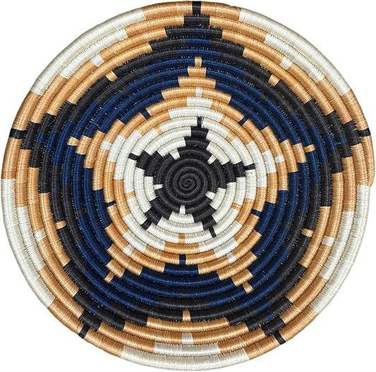 Handwoven African Basket Handmade sisal Fruit Bowl Wall Hanging decorative Baskets for Home Living Room Kitchen Centerpiece Zen Designs Arts and Crafts (Blue Tan White, 10in diameter)