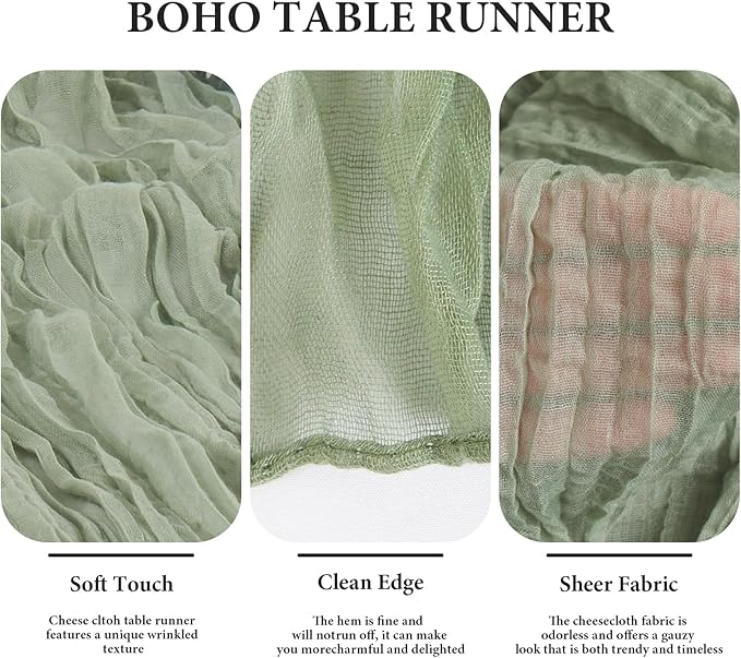 8 Pack 10 Ft Sage Green Cheesecloth Table Runner 35 x 120 Inch Gauze Rustic Christmas Table Runner, Romantic Sheer Boho Cheese Cloth Table Runners for Wedding Bridal Shower Party Decoration ﻿