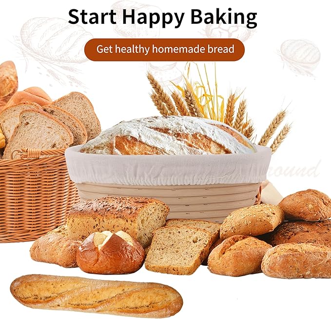9.8 Inch Banneton Bread Proofing Basket Oval Sourdough Bread Basket Handmade Natural Brown Rattan Baking Bowls with Liner for Professional & Home Bread Baking Supplies